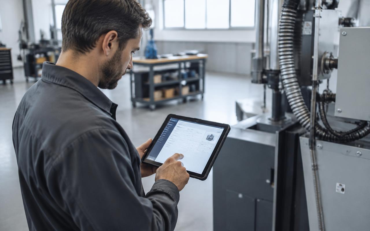 Technicien dans un atelier industriel consultant un logiciel sur tablette